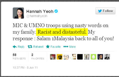 Twitter - hannahyeoh- MIC & UMNO troops using nasty