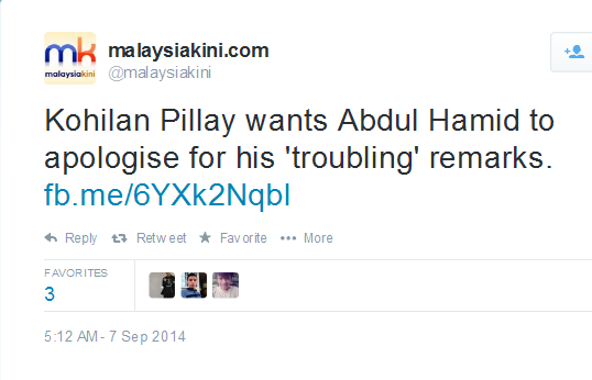 malaysiakiniTwitter- -Kohilan Pillay wants Abdul Hamid to apologise