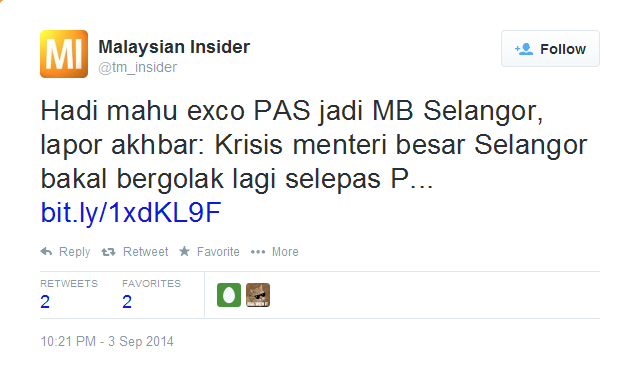 Malaysian Insider on Twitter- Hadi mahu exco PAS jadi MB Selangor, lapor akhbar