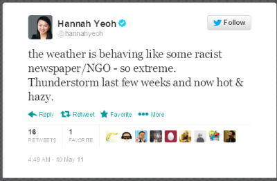 Twitter - hannahyeoh- the weather is behaving racist
