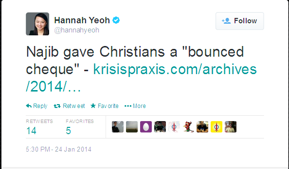 Twitter - hannahyeoh- Najib gave Christians a -bounced cheque