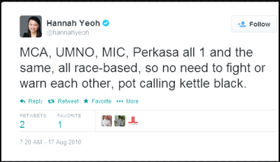 Twitter - hannahyeoh- MCA, UMNO, MIC, Perkasa