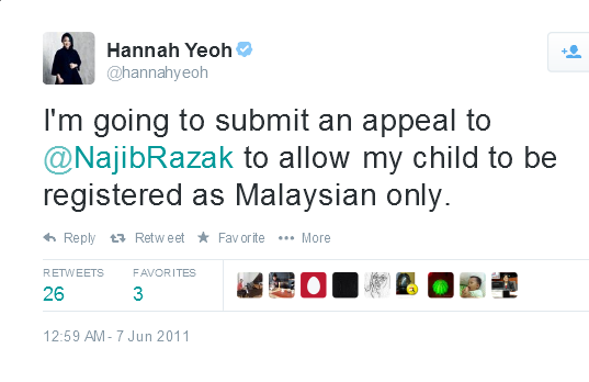Hannah Yeoh on Twitter an appeal to @NajibRazak to allow my child