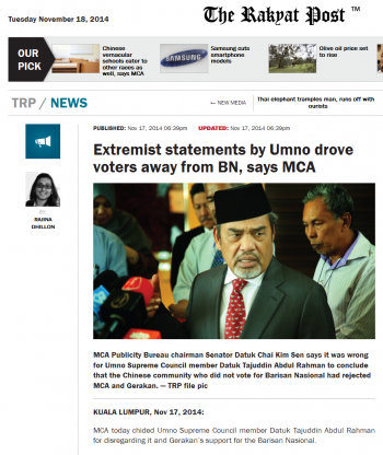 http://www.therakyatpost.com/news/2014/11/17/extremist-statements-umno-drove-voters-away-bn-says-mca/