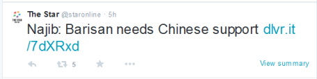 staronline Twitter Najib Chinese support